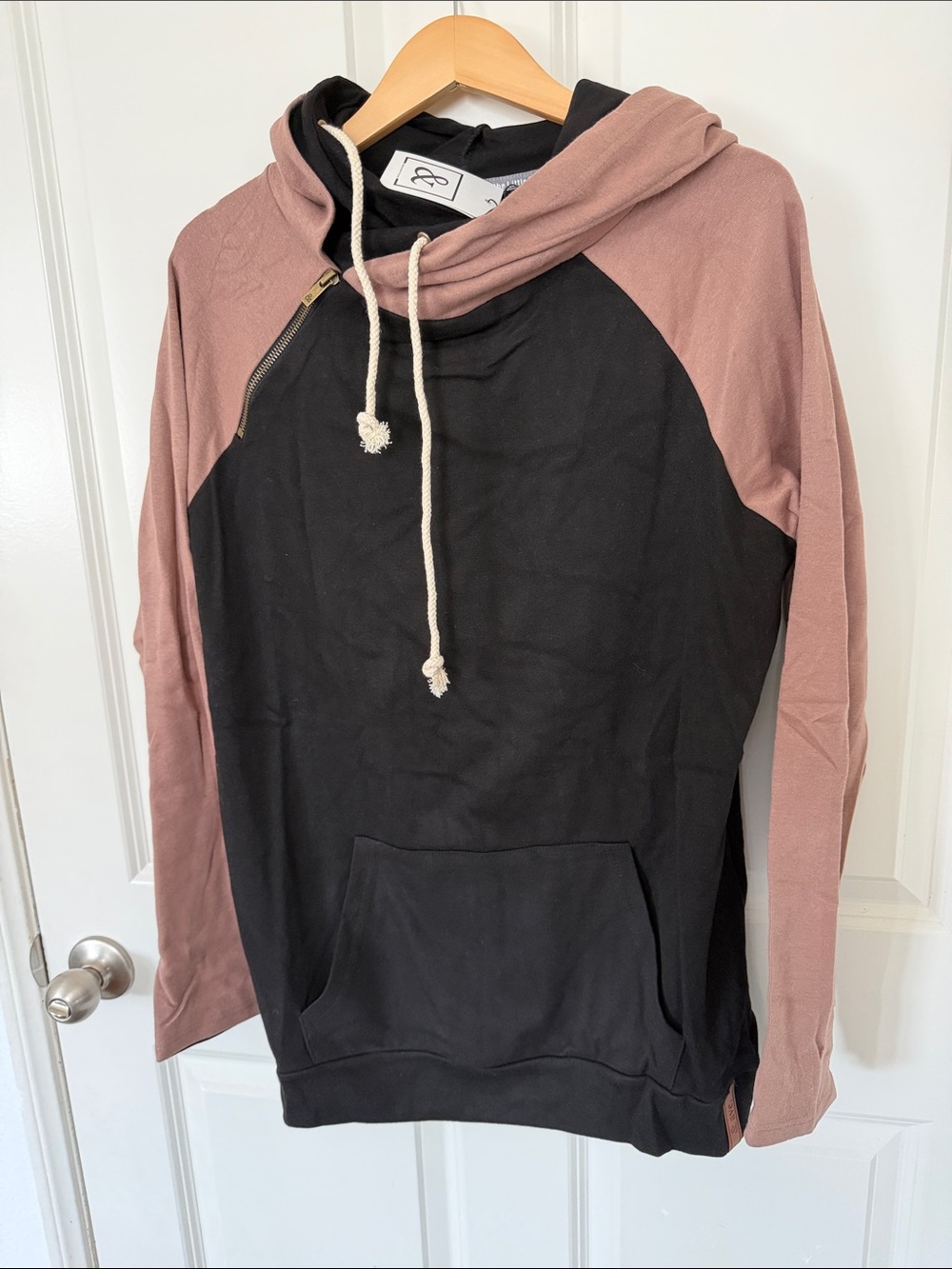 Ampersand Avenue colorblock DoubleHood sweatshirt in a black and dusty pink